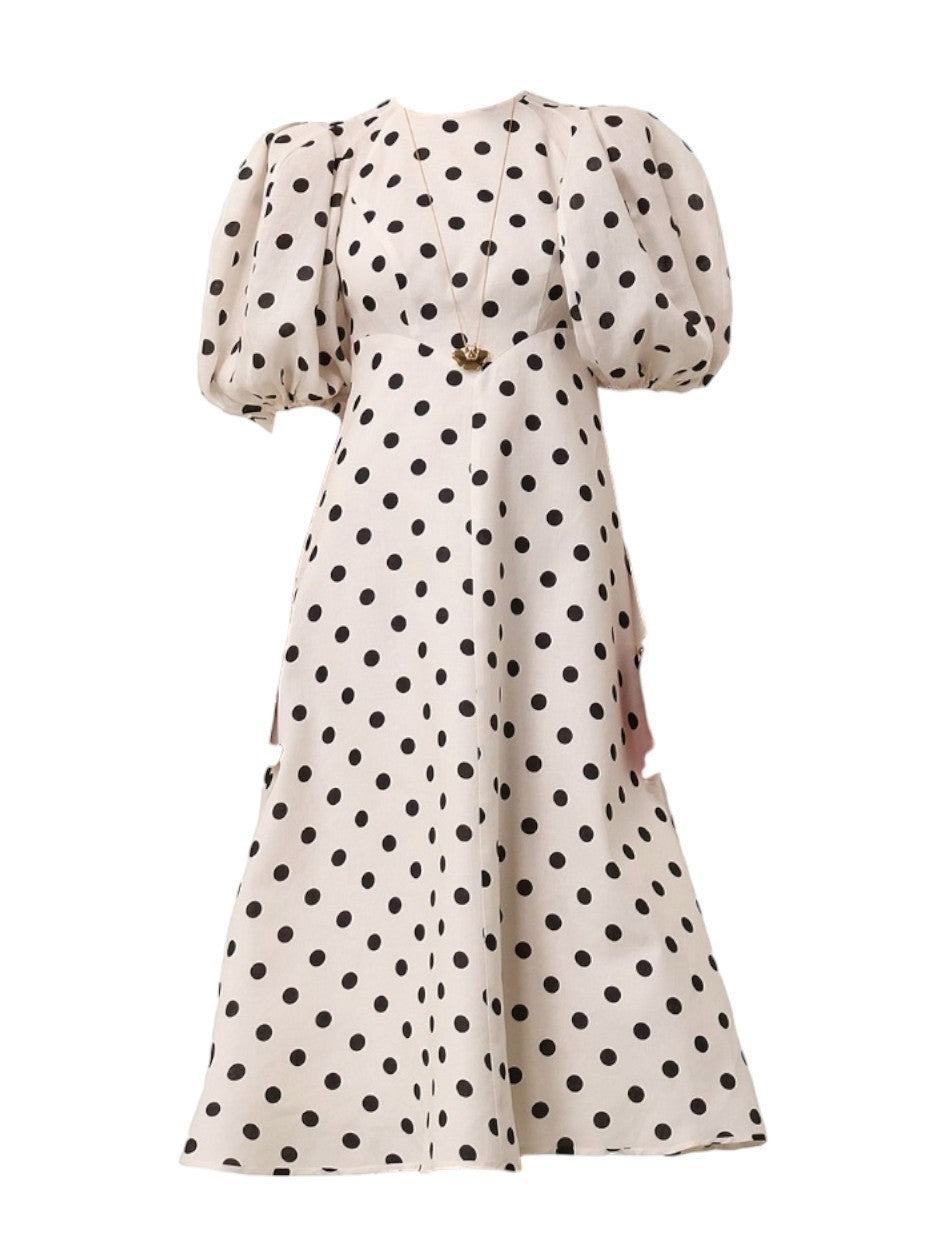 Zimmermann Midi Day Dress | Black/White Polka Dot, Blouson/Puff sleeves, Linen