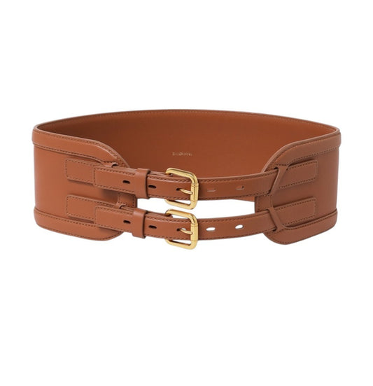 Zimmermann Leather Belt 90 |Double Buckle, Tan/Brown, Wide, Waist, Leather, Gold