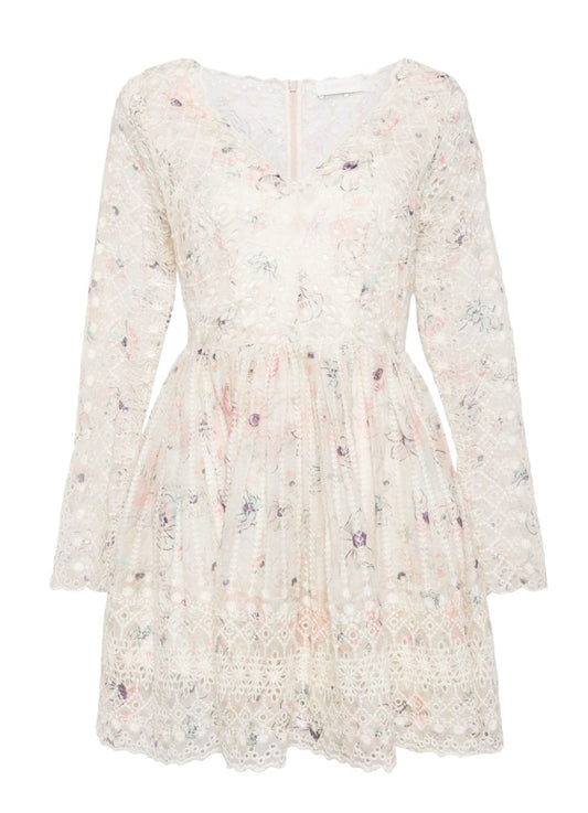 Zimmermann Halliday Mini Dress | Ivory Watercolour Floral, White, Embroidered