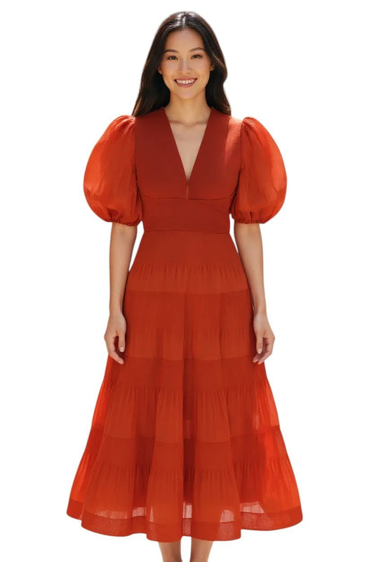 Zimmermann Pleated Midi Dress |Plisse,  Dark Red, Puff Sleeves, Plunging V-Neck