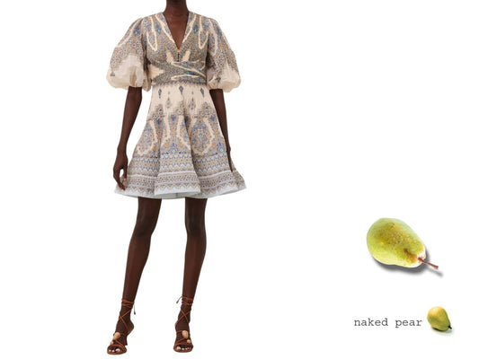 Zimmermann Pleated Mini Dress |Blue Paisley, Puff Sleeves, Plunging V-Neck