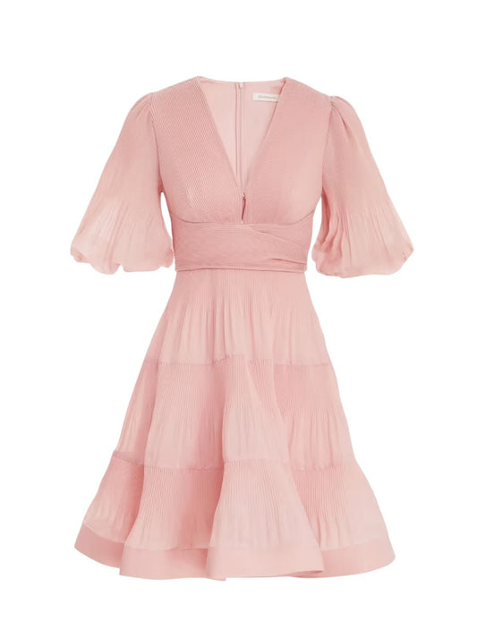 Zimmermann Pleated Mini Dress |Pale Peach/Pink, Puff Sleeves, Plunging V-Neck