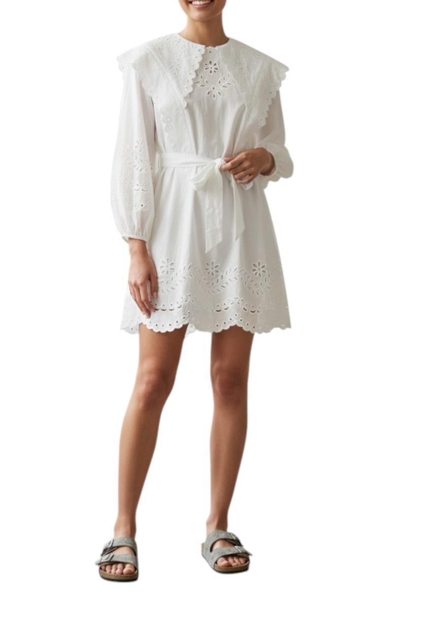 Junie Embroidered Mini Dress | White,, Linen, Belted, Collar, Embroidery, Dolman