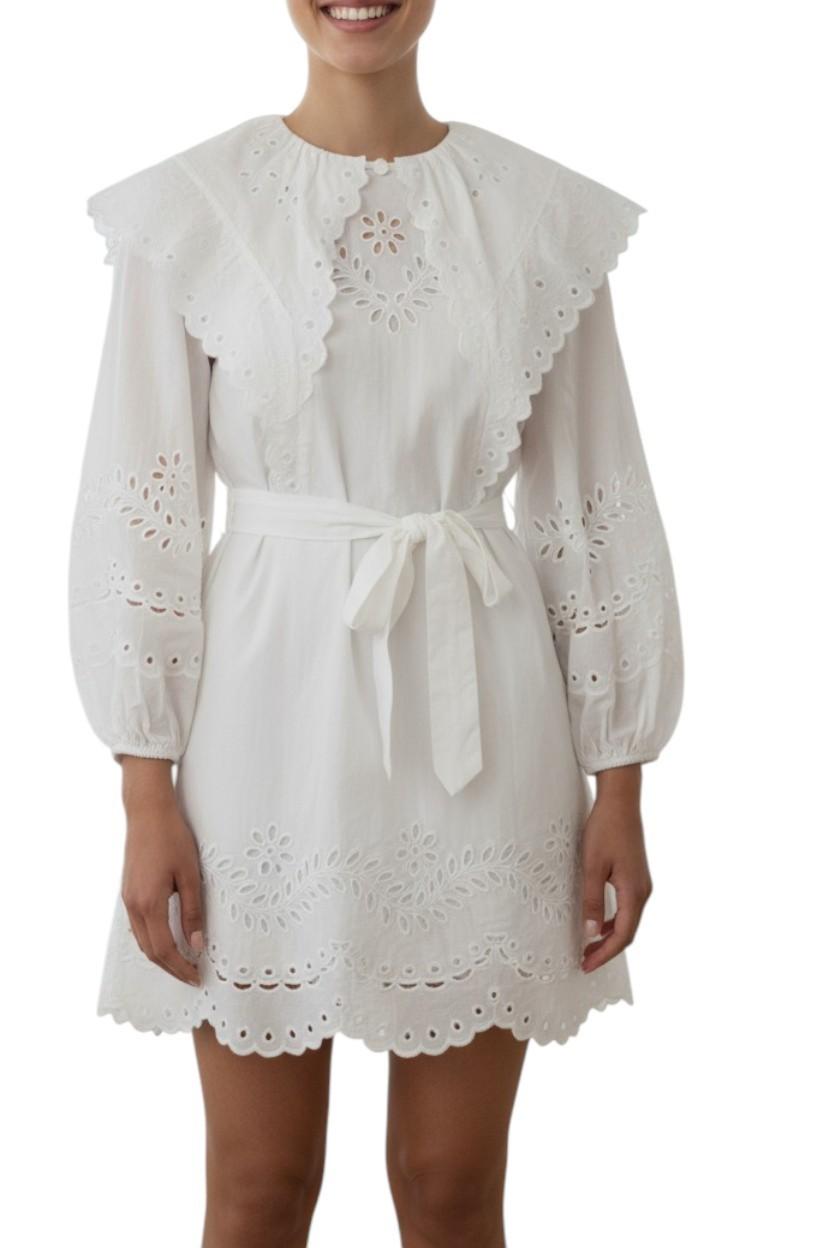 Junie Embroidered Mini Dress | White,, Linen, Belted, Collar, Embroidery, Dolman