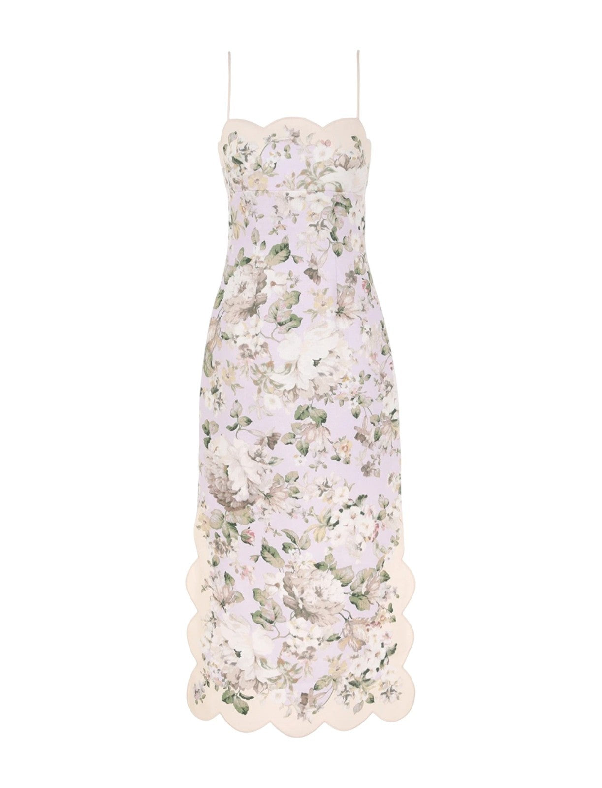 Zimmermann Acacia Scallop Midi Dress | Lilac Floral, Spaghetti Tie Shoulders