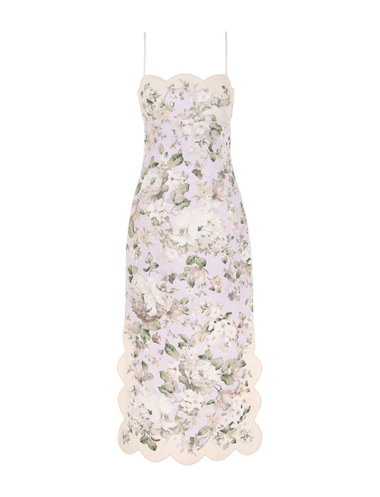 Zimmermann Acacia Scallop Midi Dress | Lilac Floral, Spaghetti Tie Shoulders