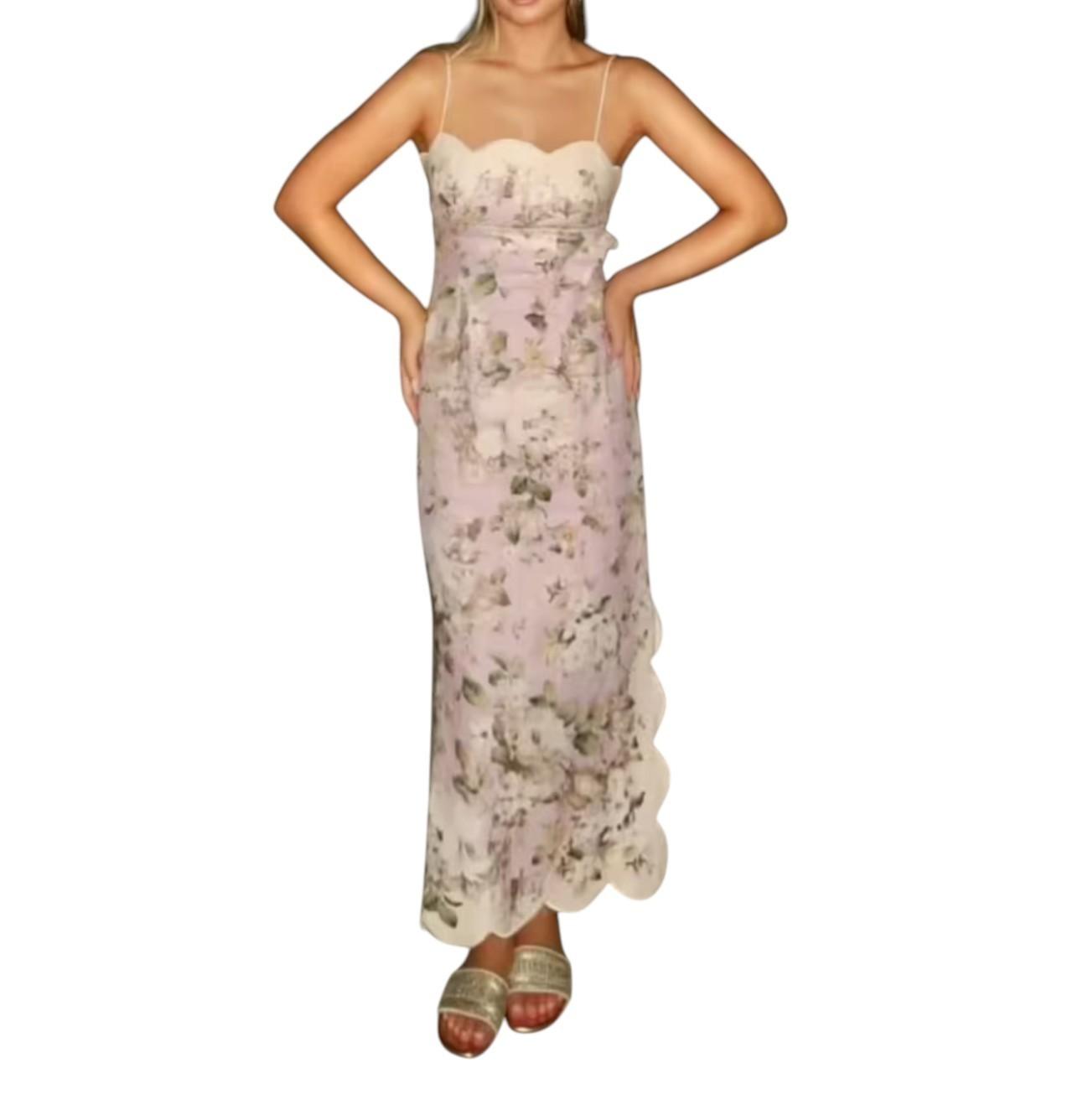 Zimmermann Acacia Scallop Midi Dress | Lilac Floral, Spaghetti Tie Shoulders