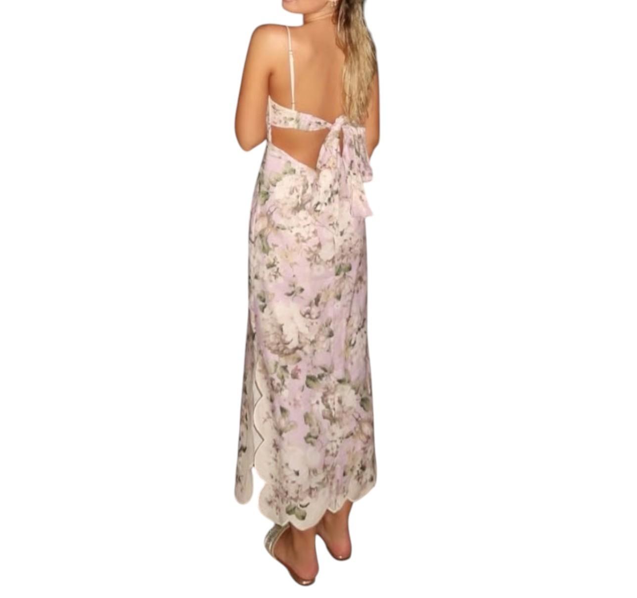 Zimmermann Acacia Scallop Midi Dress | Lilac Floral, Spaghetti Tie Shoulders