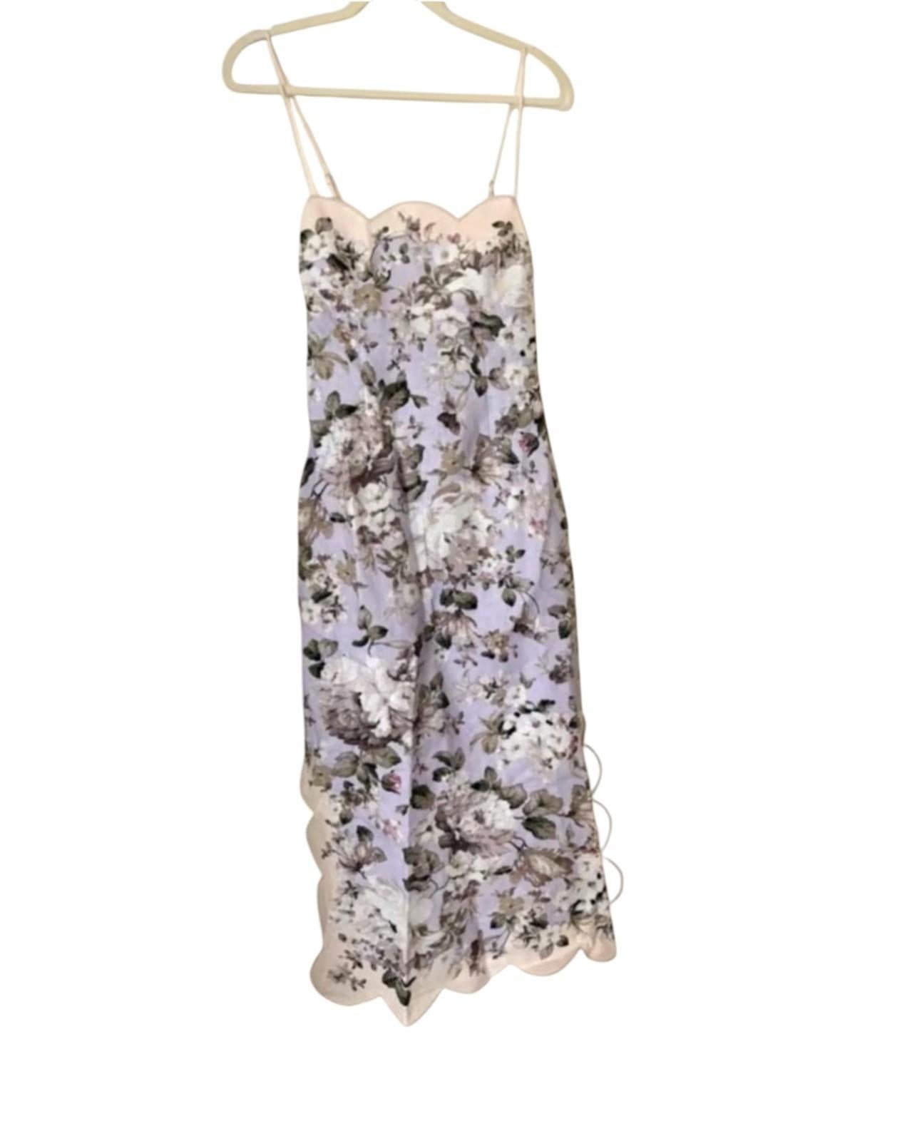 Zimmermann Acacia Scallop Midi Dress | Lilac Floral, Spaghetti Tie Shoulders