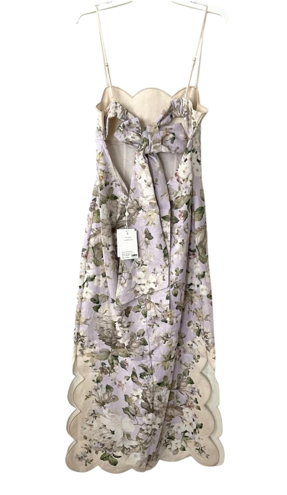Zimmermann Acacia Scallop Midi Dress | Lilac Floral, Spaghetti Tie Shoulders