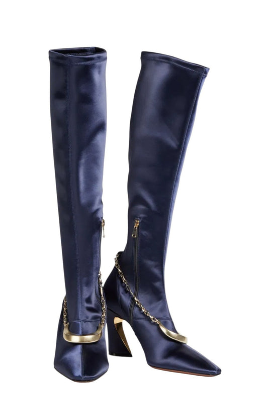 Zimmermann Crescent Stretch Boot Tall| Navy Blue, Long Sock, Satin, Moon Chain