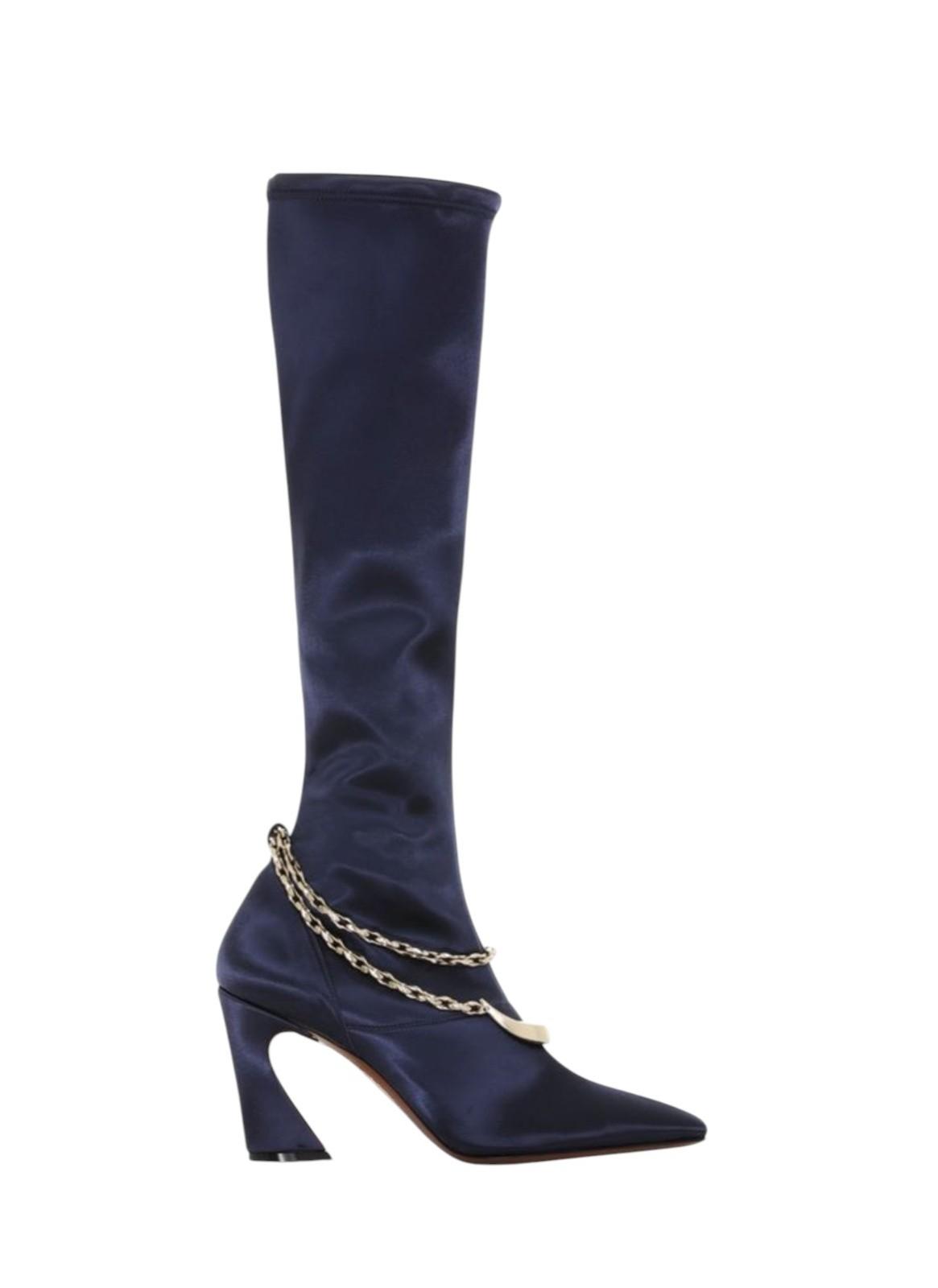 Zimmermann Crescent Stretch Boot Tall| Navy Blue, Long Sock, Satin, Moon Chain