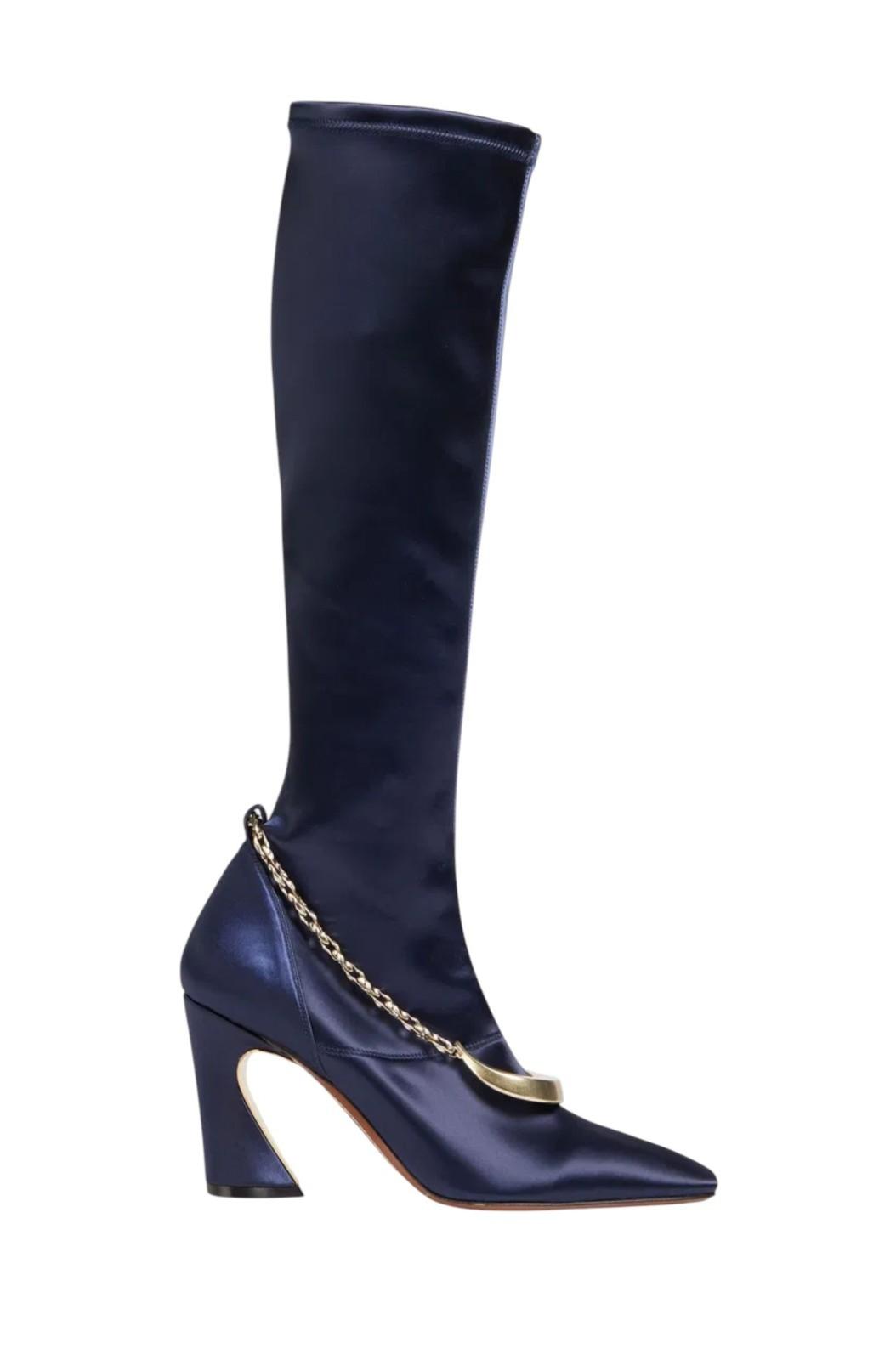Zimmermann Crescent Stretch Boot Tall| Navy Blue, Long Sock, Satin, Moon Chain