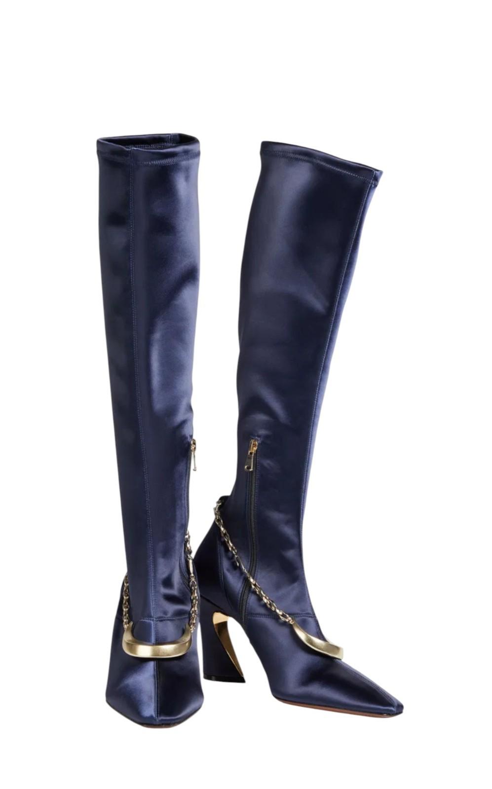 Zimmermann Crescent Stretch Boot Tall| Navy Blue, Long Sock, Satin, Moon Chain