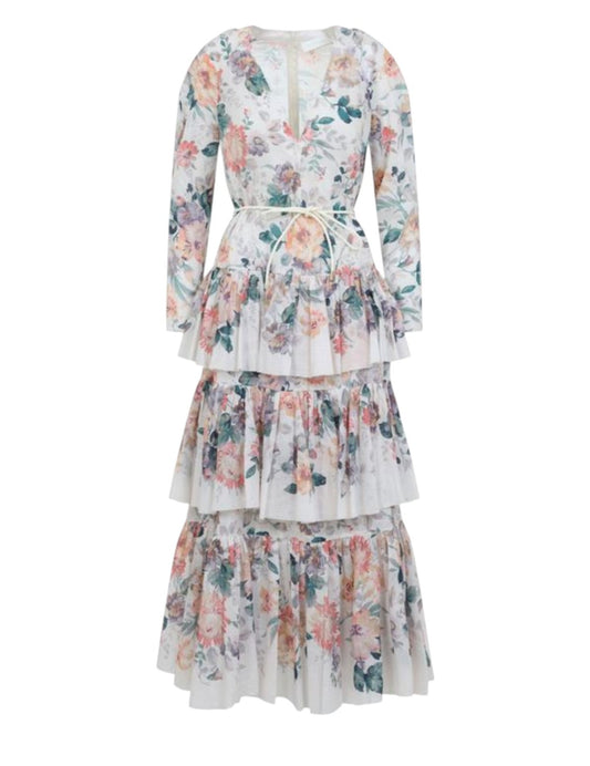 Zimmermann Acacia Tiered Maxi Dress | White Floral, V Neck, Belt, Cotton
