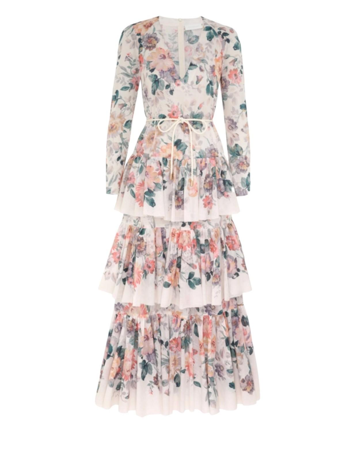 Zimmermann Acacia Tiered Maxi Dress | White Floral, V Neck, Belt, Cotton