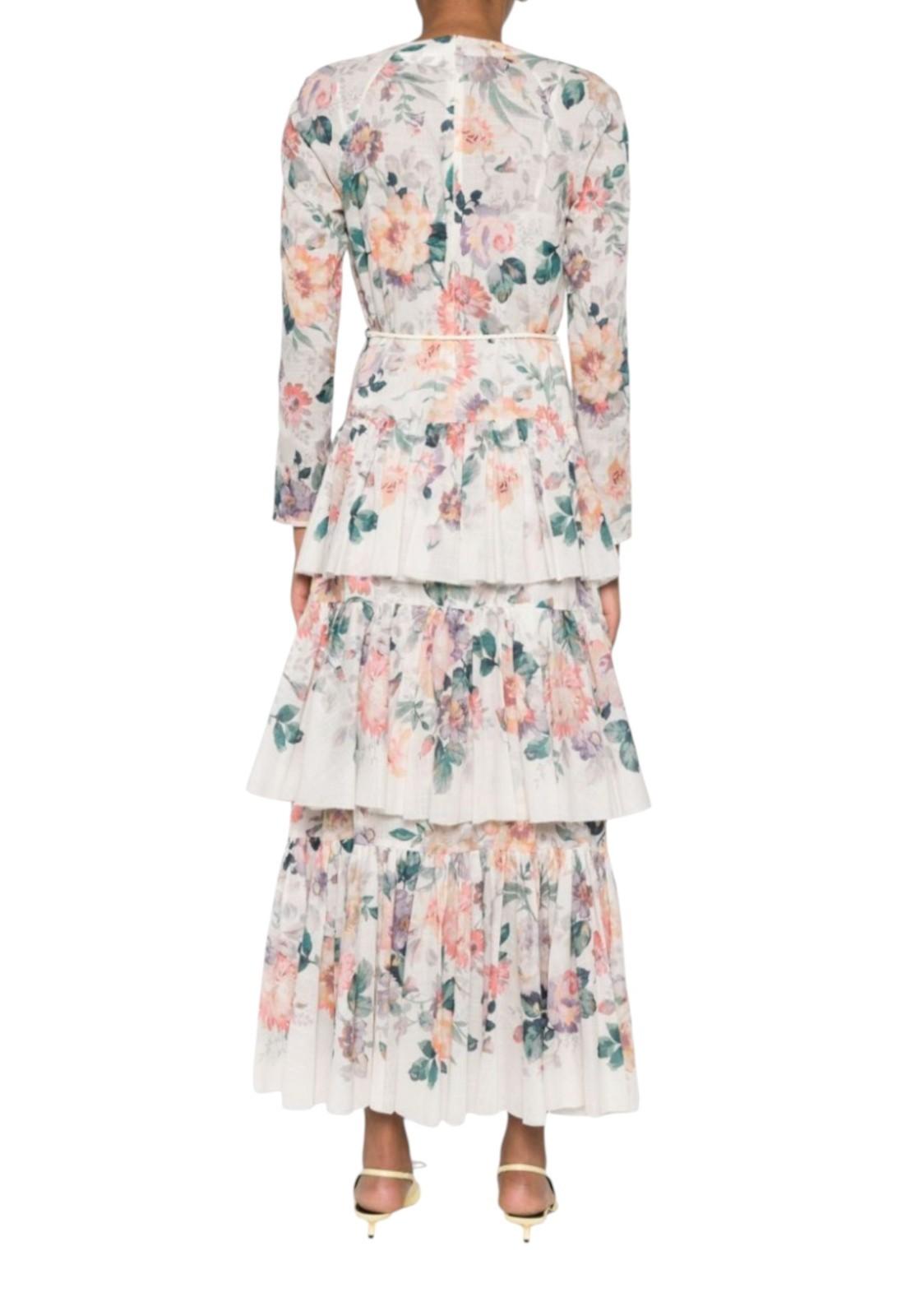 Zimmermann Acacia Tiered Maxi Dress | White Floral, V Neck, Belt, Cotton