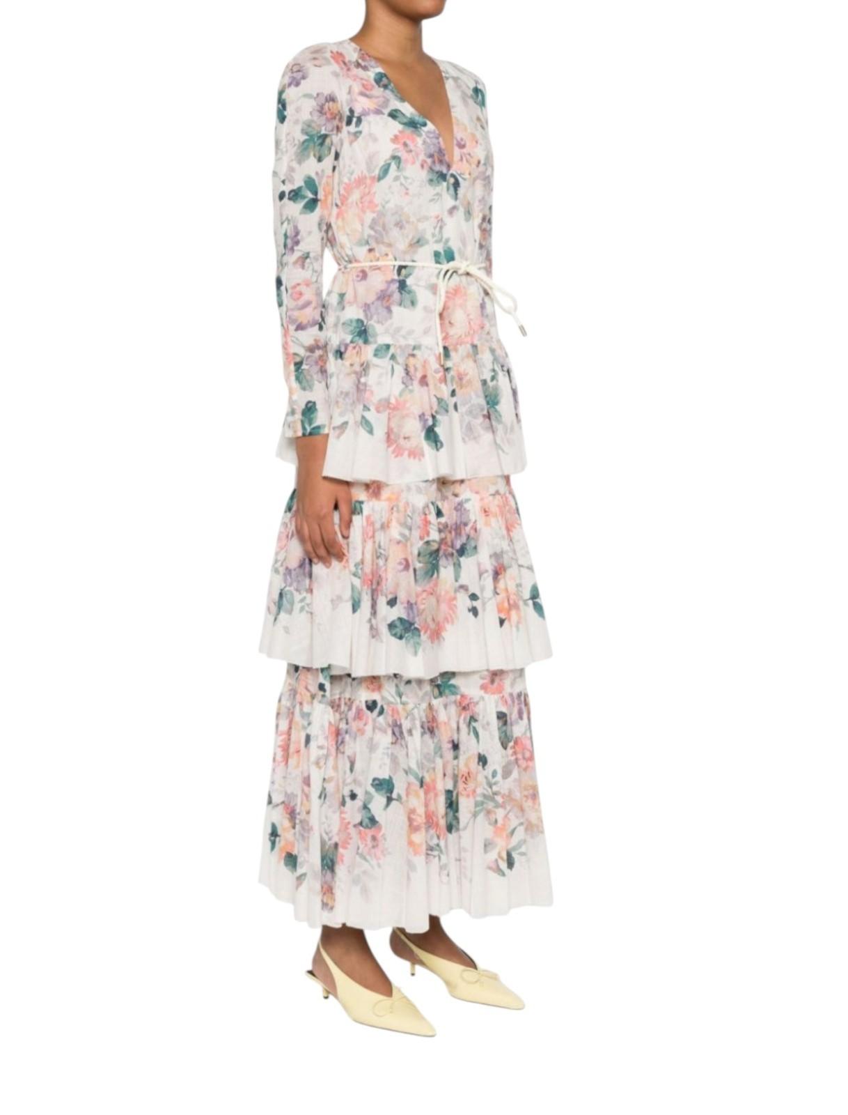 Zimmermann Acacia Tiered Maxi Dress | White Floral, V Neck, Belt, Cotton