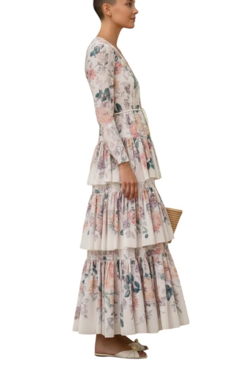 Zimmermann Acacia Tiered Maxi Dress | White Floral, V Neck, Belt, Cotton