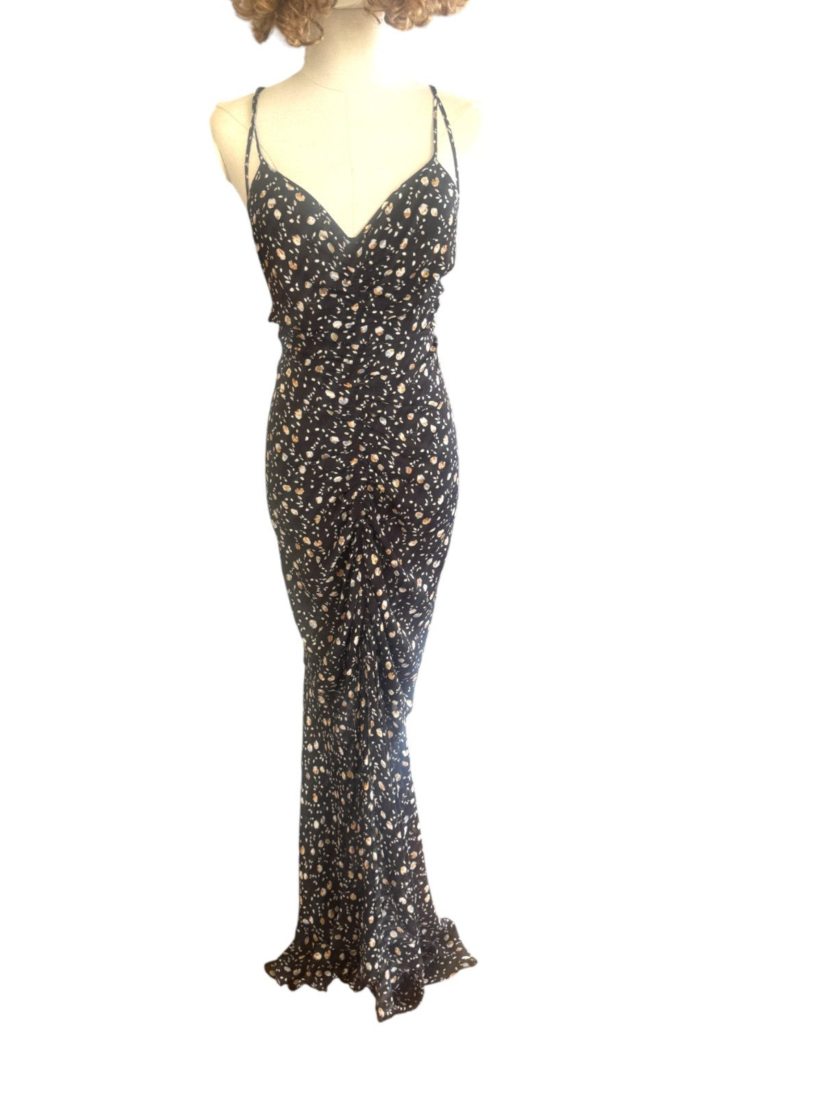 Camilla and Marc Ruched Maxi Dress | Sample, Sz 8, Slit, Black Floral, Spaghetti