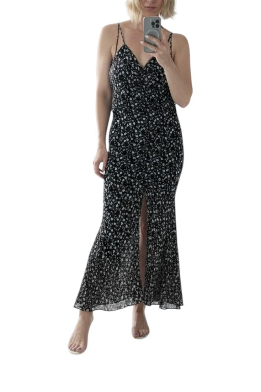Camilla and Marc Ruched Maxi Dress | Sample, Sz 8, Slit, Black Floral, Spaghetti