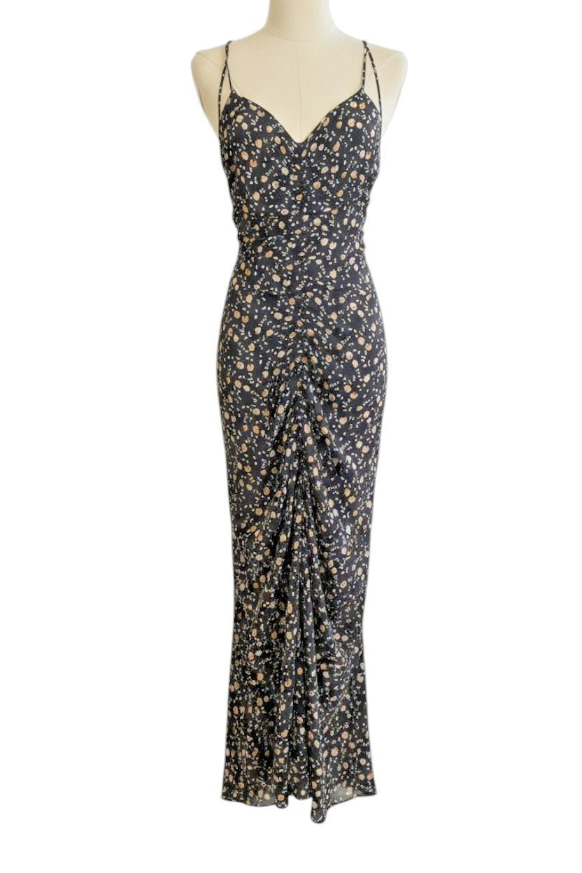 Camilla and Marc Ruched Maxi Dress | Sample, Sz 8, Slit, Black Floral, Spaghetti