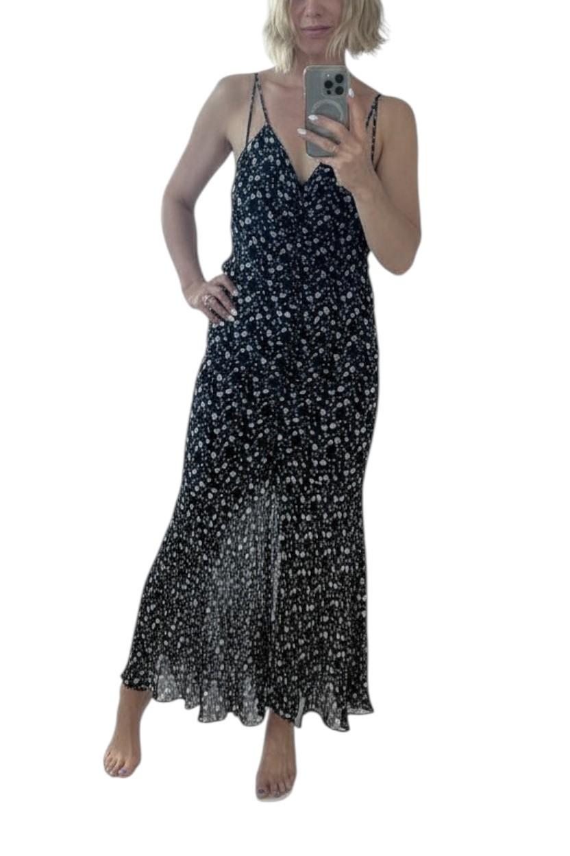 Camilla and Marc Ruched Maxi Dress | Sample, Sz 8, Slit, Black Floral, Spaghetti