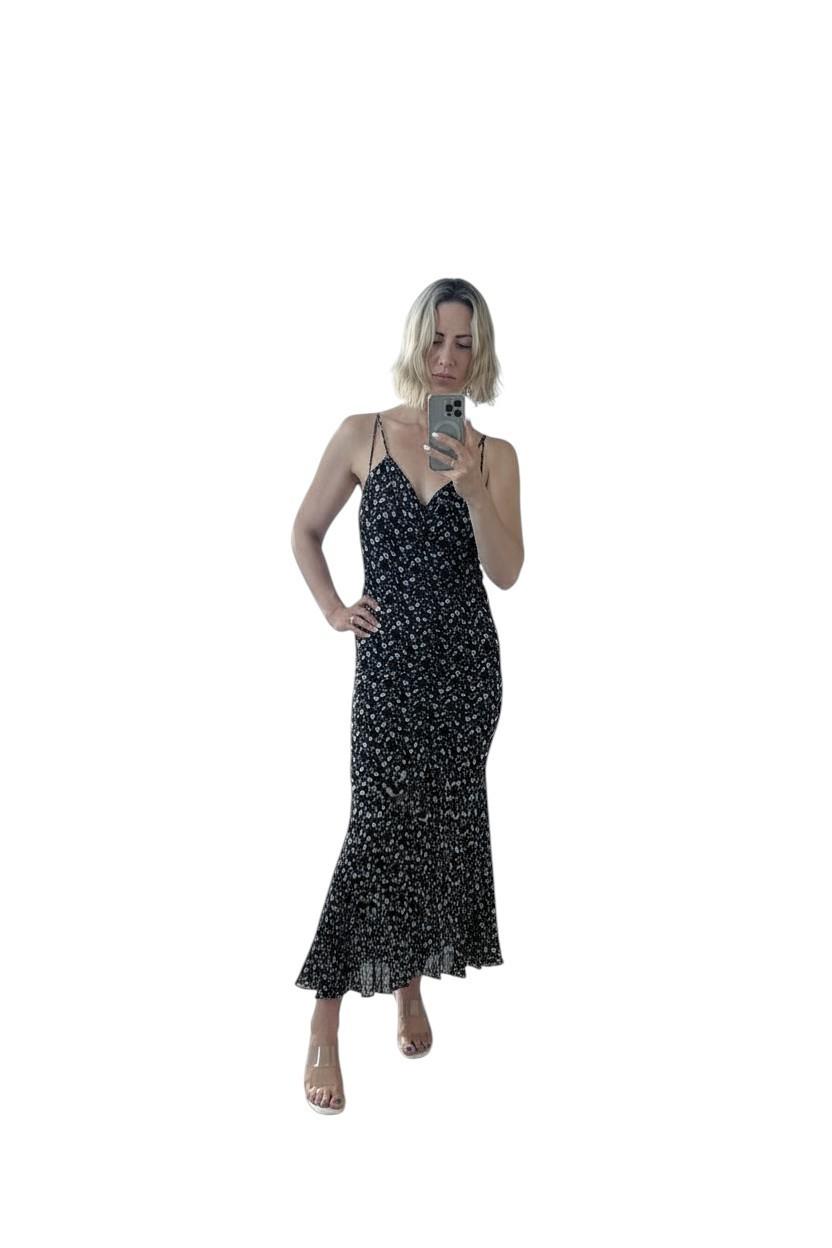 Camilla and Marc Ruched Maxi Dress | Sample, Sz 8, Slit, Black Floral, Spaghetti