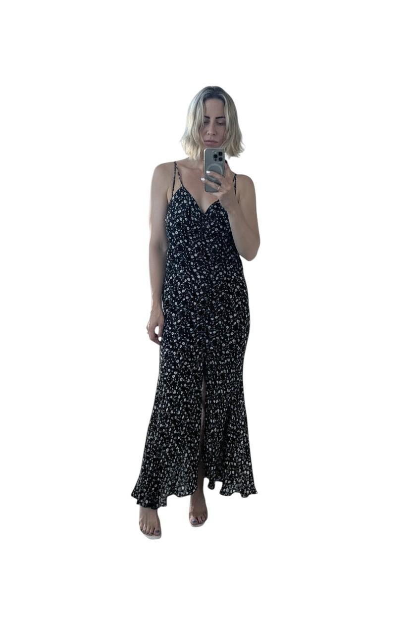 Camilla and Marc Ruched Maxi Dress | Sample, Sz 8, Slit, Black Floral, Spaghetti