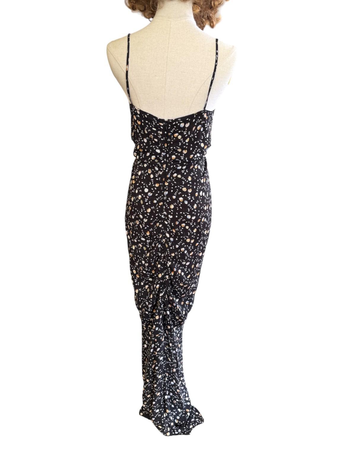 Camilla and Marc Ruched Maxi Dress | Sample, Sz 8, Slit, Black Floral, Spaghetti