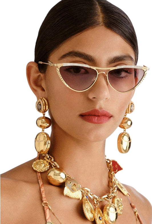 Camilla Pyramid Paramour Sunglasses | Ivory White Marble/Gold, Metal, Cat Eye
