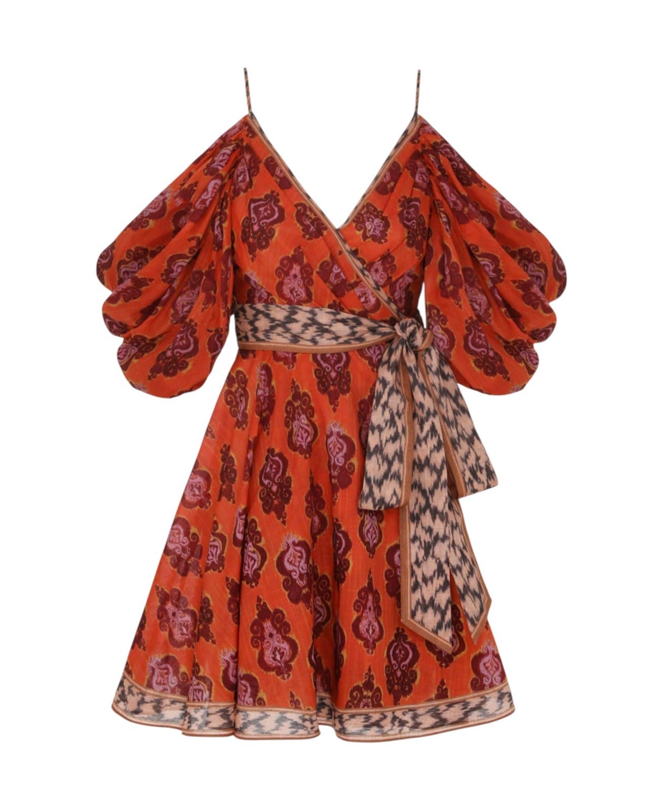 Zimmermann Wylie Wrap Mini Dress |Sunset Ikat , Red, Off Shoulder, Draped Cotton
