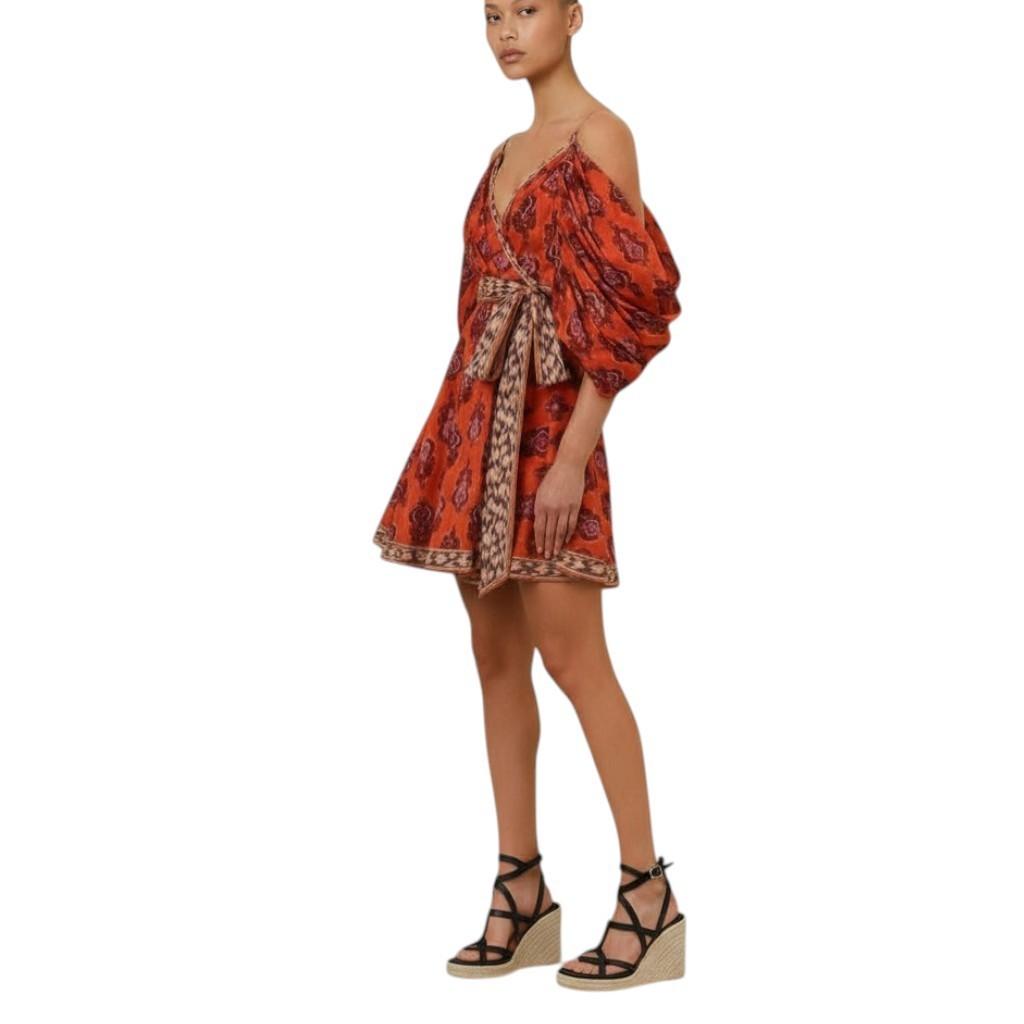 Zimmermann Wylie Wrap Mini Dress |Sunset Ikat , Red, Off Shoulder, Draped Cotton