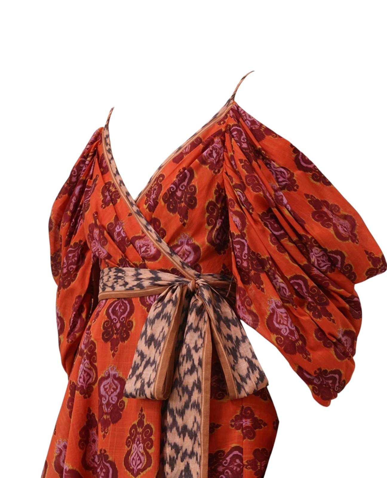 Zimmermann Wylie Wrap Mini Dress |Sunset Ikat , Red, Off Shoulder, Draped Cotton
