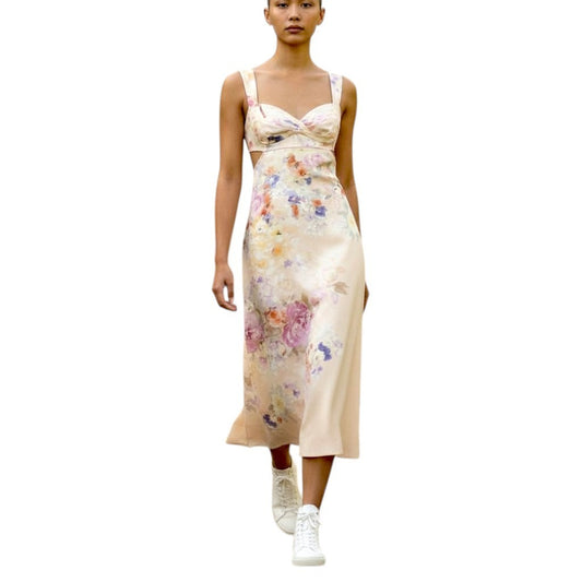 Zimmermann Crush Midi Dress |Floral, Light Pink, Linen, Open Back Tie, Cutout