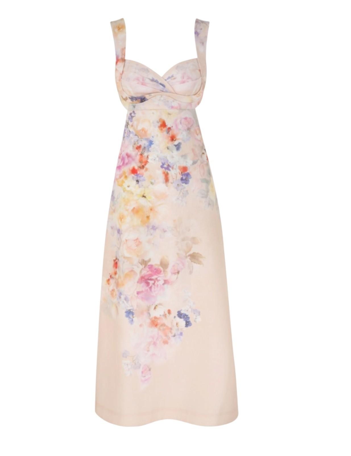Zimmermann Crush Midi Dress |Floral, Light Pink, Linen, Open Back Tie, Cutout