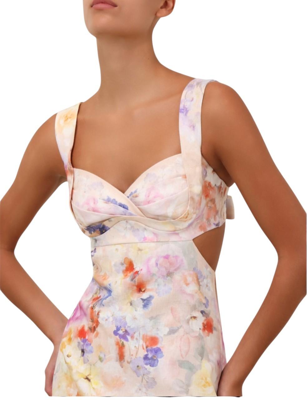 Zimmermann Crush Midi Dress |Floral, Light Pink, Linen, Open Back Tie, Cutout
