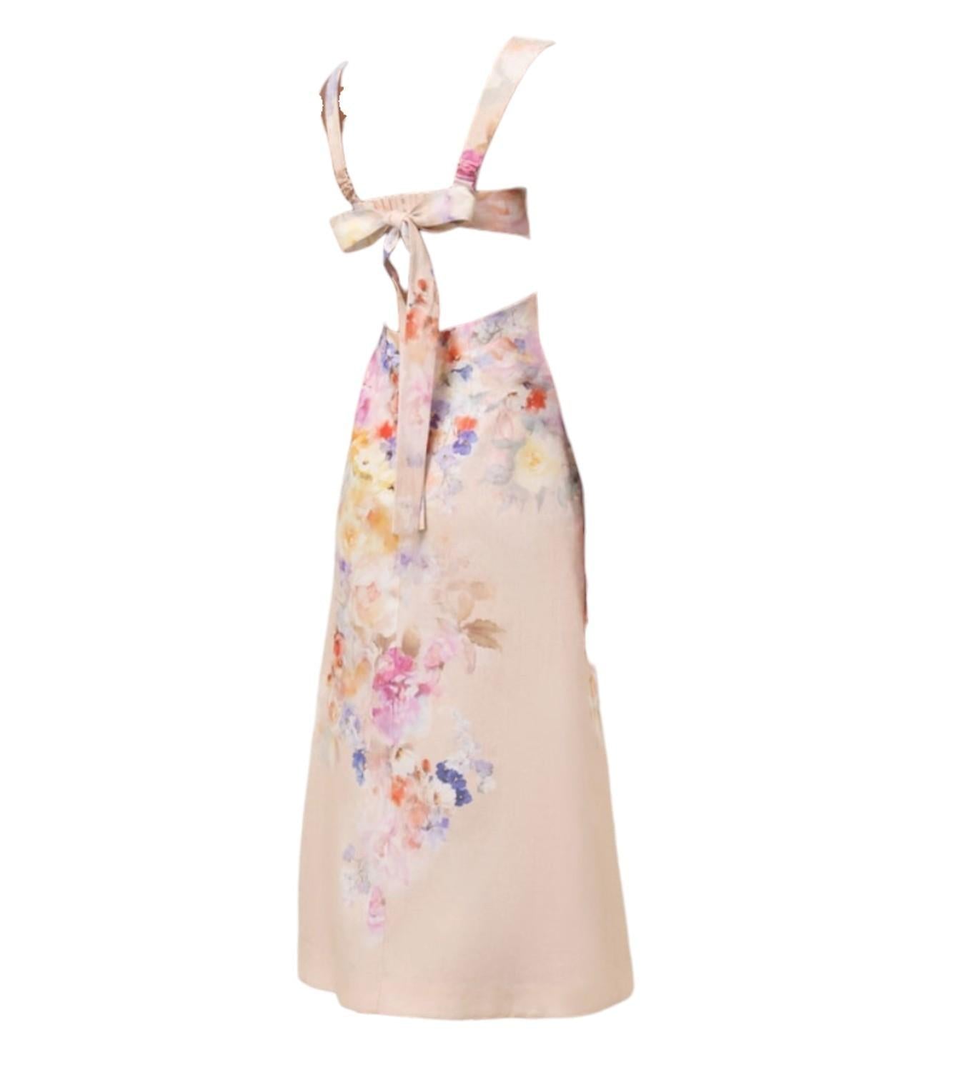 Zimmermann Crush Midi Dress |Floral, Light Pink, Linen, Open Back Tie, Cutout