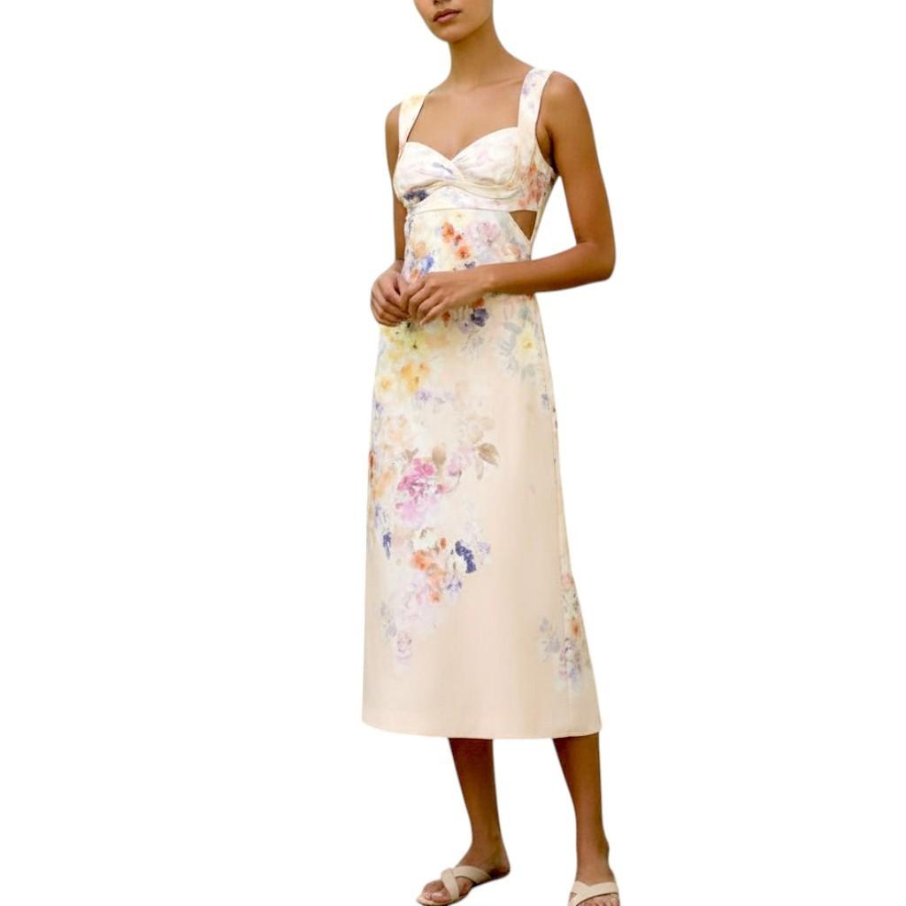 Zimmermann Crush Midi Dress |Floral, Light Pink, Linen, Open Back Tie, Cutout