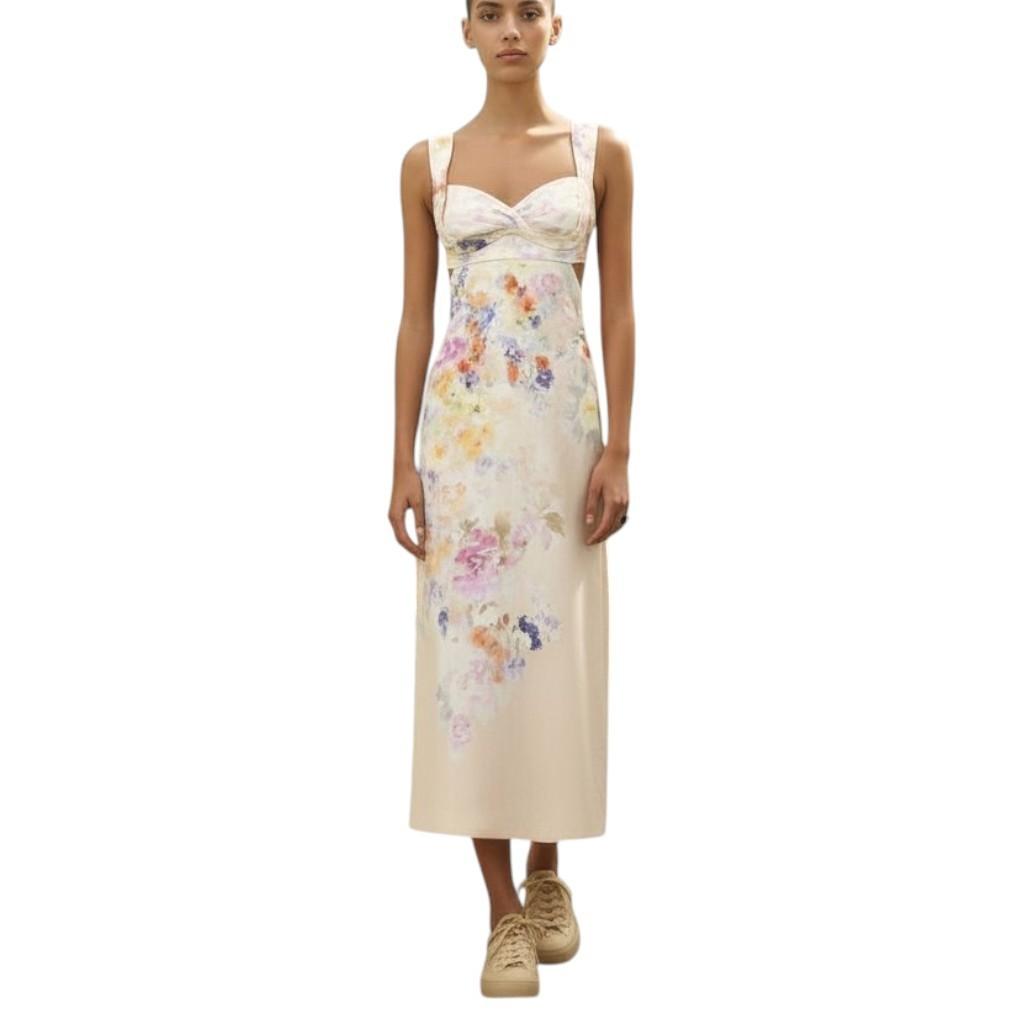 Zimmermann Crush Midi Dress |Floral, Light Pink, Linen, Open Back Tie, Cutout