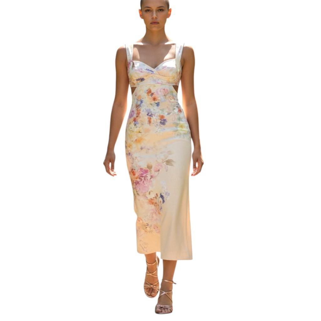 Zimmermann Crush Midi Dress |Floral, Light Pink, Linen, Open Back Tie, Cutout