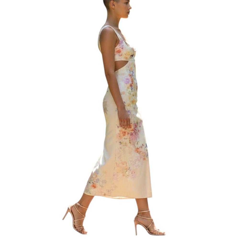 Zimmermann Crush Midi Dress |Floral, Light Pink, Linen, Open Back Tie, Cutout