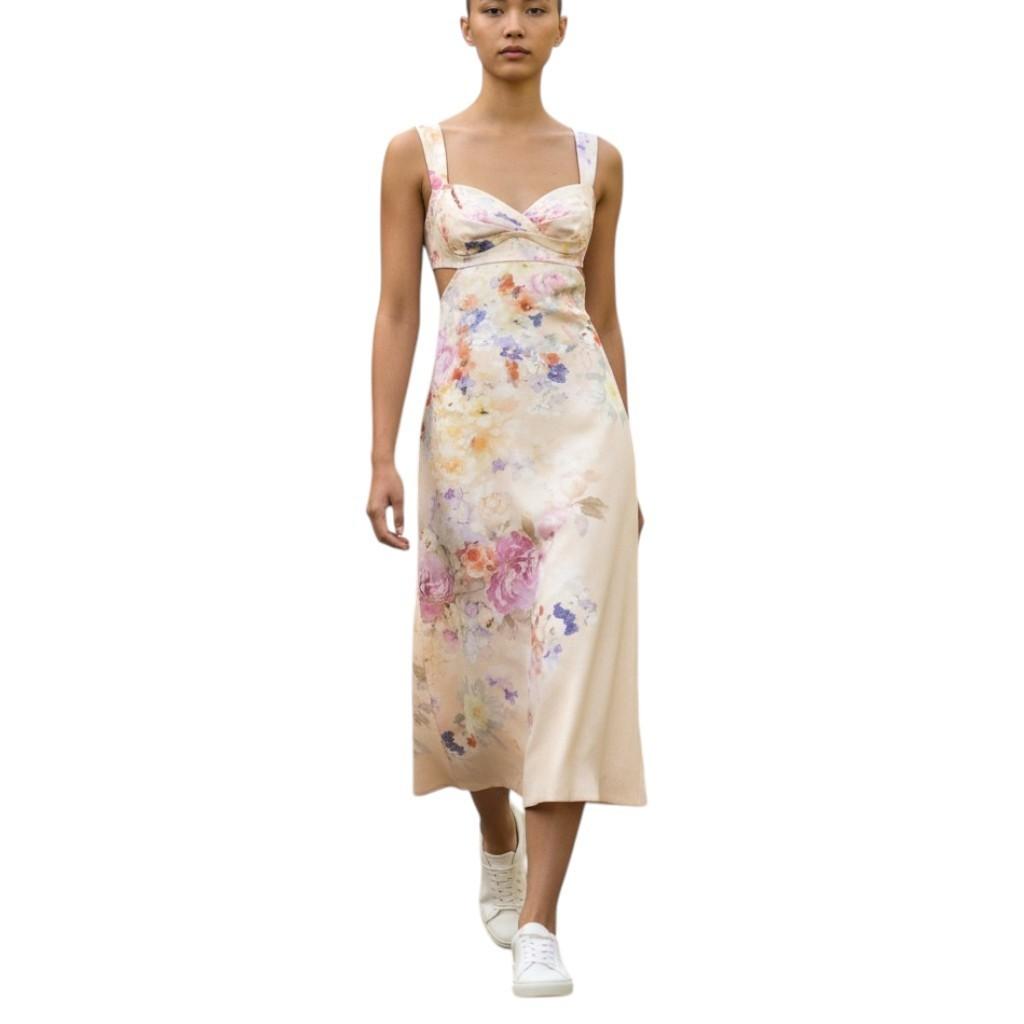 Zimmermann Crush Midi Dress |Floral, Light Pink, Linen, Open Back Tie, Cutout