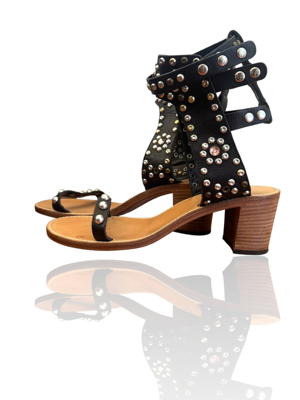 Isabel Marant Caroll Sandals | Sz 41, Black, Low Block Heel, Silver/Gold Studs