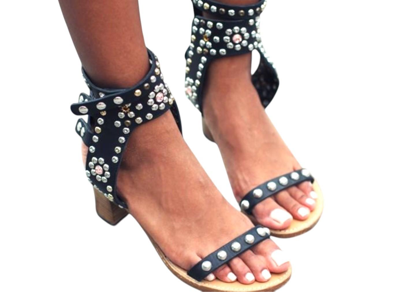 Isabel Marant Caroll Sandals | Sz 41, Black, Low Block Heel, Silver/Gold Studs