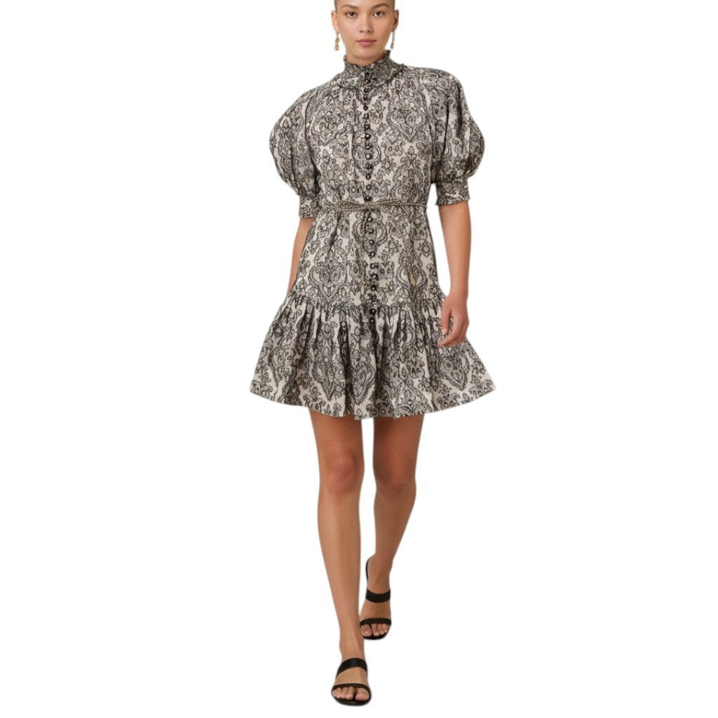 Zimmermann Wylie Lantern Mini Dress | Black/White Paisley, Belt, Puff Sleeve