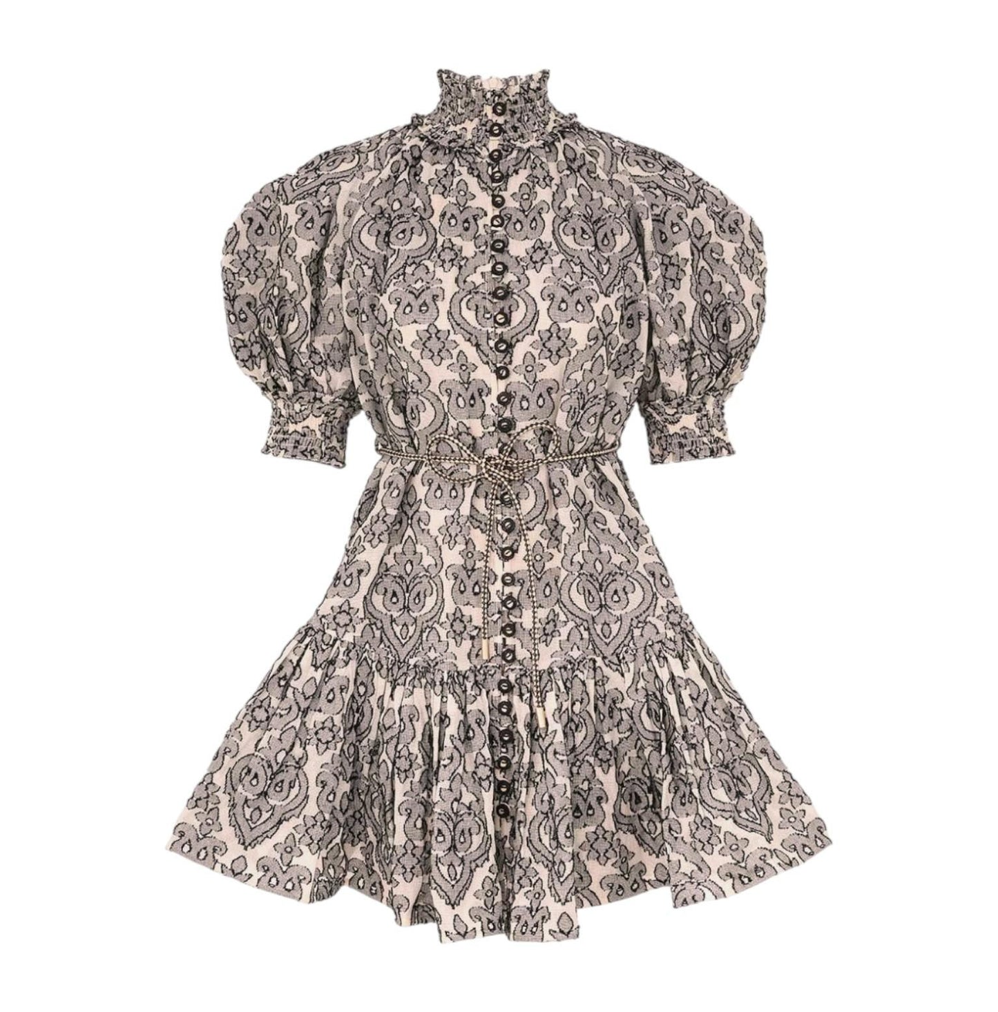 Zimmermann Wylie Lantern Mini Dress | Black/White Paisley, Belt, Puff Sleeve