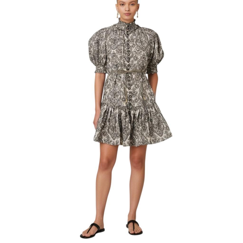 Zimmermann Wylie Lantern Mini Dress | Black/White Paisley, Belt, Puff Sleeve