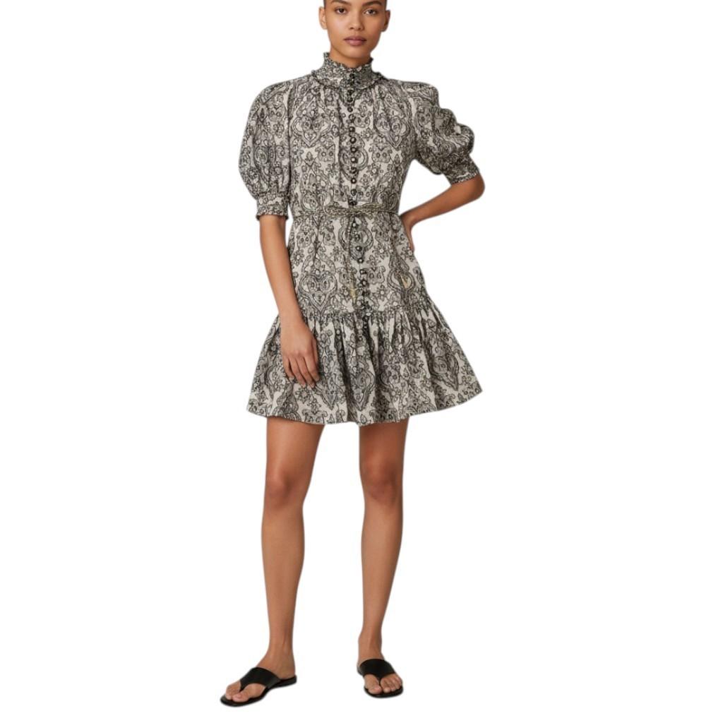 Zimmermann Wylie Lantern Mini Dress | Black/White Paisley, Belt, Puff Sleeve