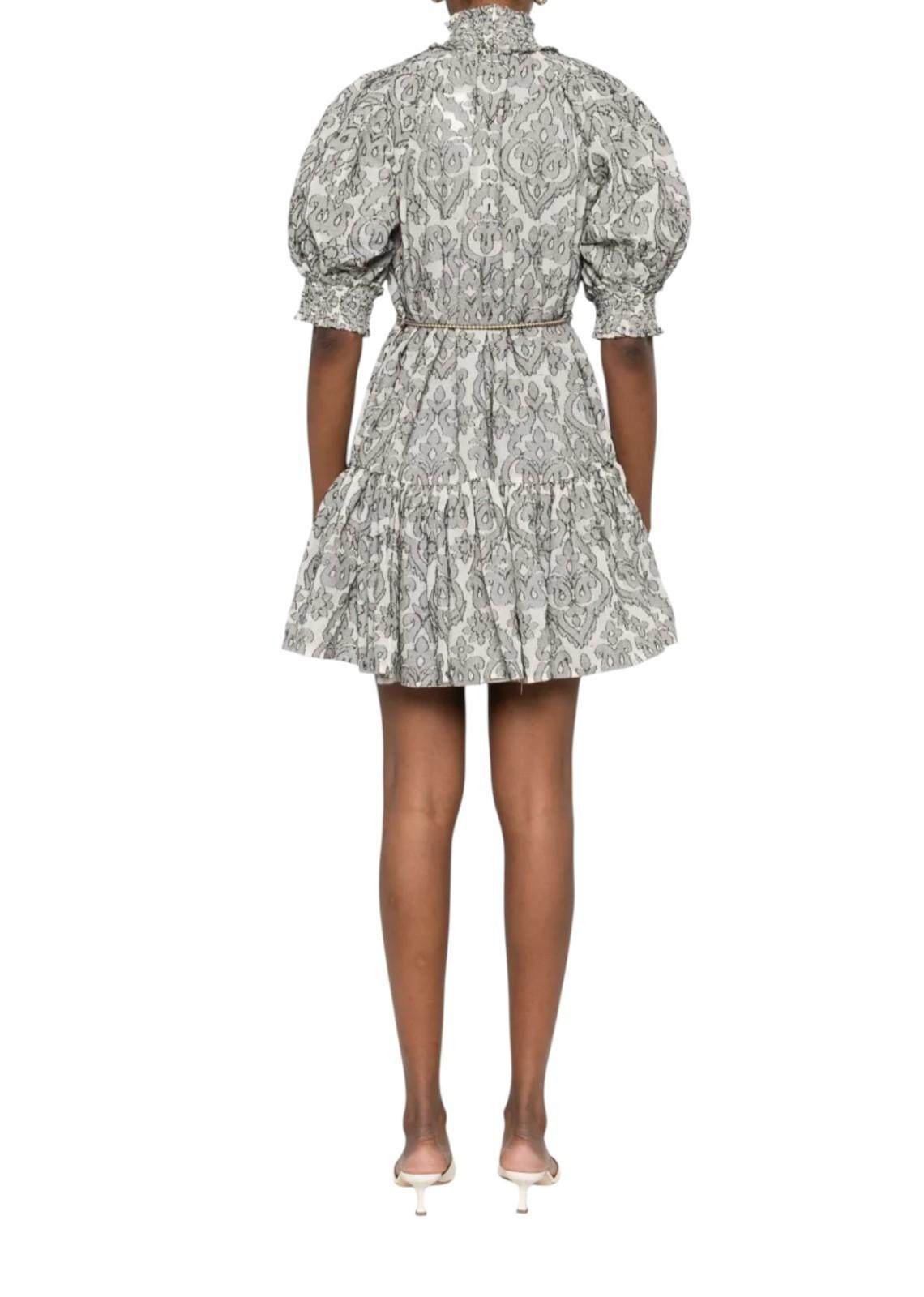 Zimmermann Wylie Lantern Mini Dress | Black/White Paisley, Belt, Puff Sleeve